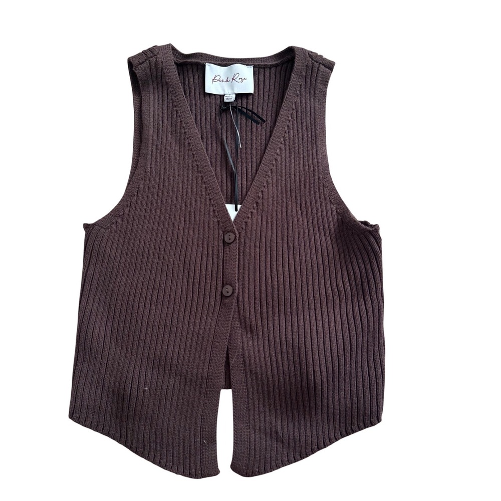 Pink Rose Brown Ribbed Knit Button Front Sleeveless Sweater Vest Small